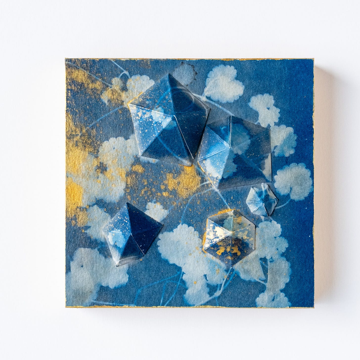 I'm really not sure about this direction, but hopefully you all can tell me what you think. This cyanotype is blue, printed from weeds, sprinkled with gold.
