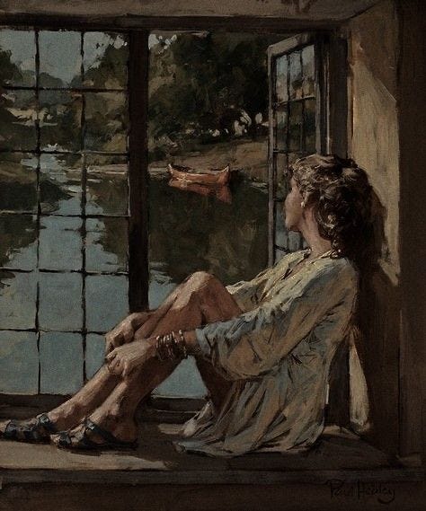 This may contain: a painting of a woman sitting on a window sill looking out at the water