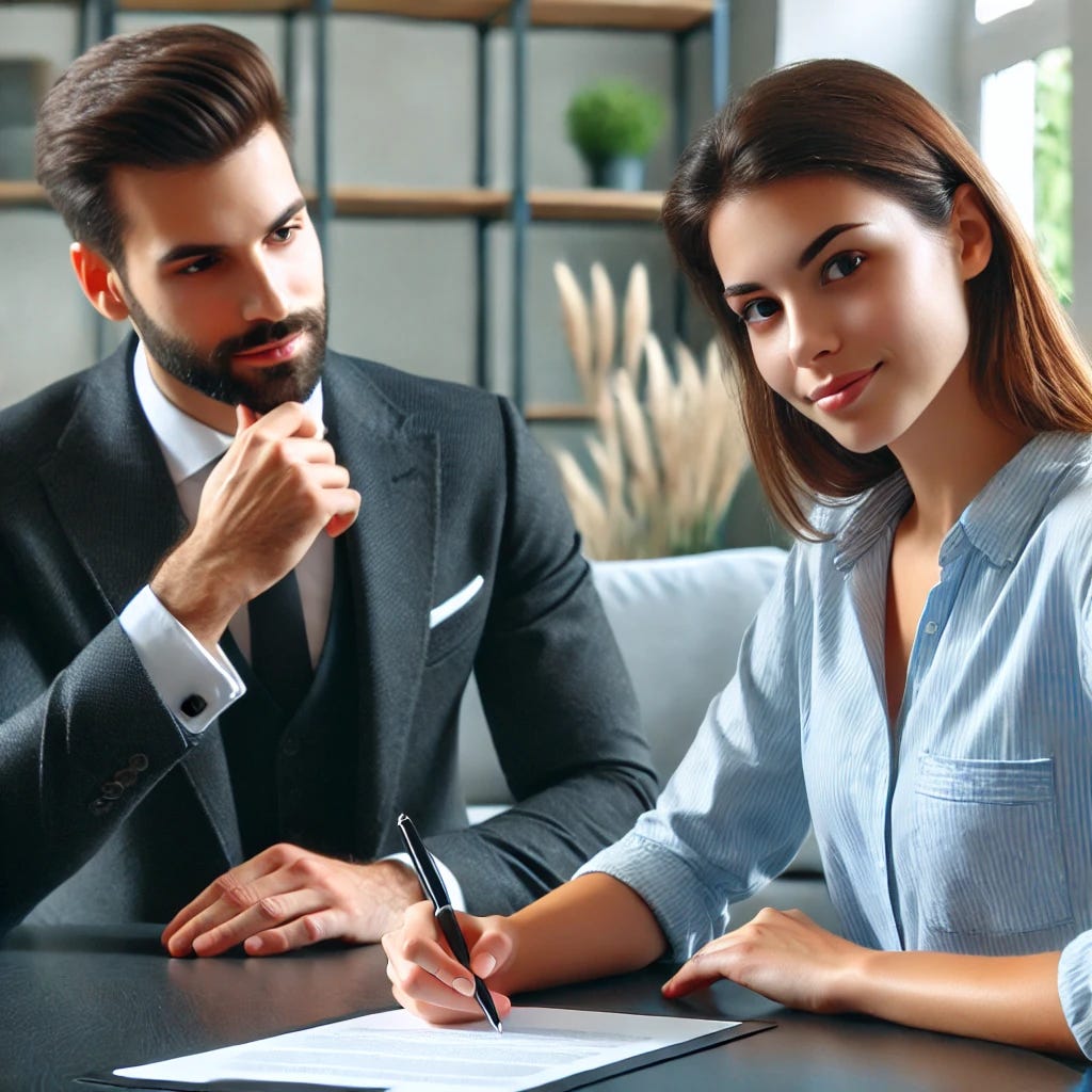 A confident salesperson in a professional setting, skillfully closing a deal with a hesitant customer. The scene should emphasize urgency and decision-making, with the customer appearing thoughtful but convinced. The environment should be a modern office or retail space, with a contract or purchase agreement on the table.