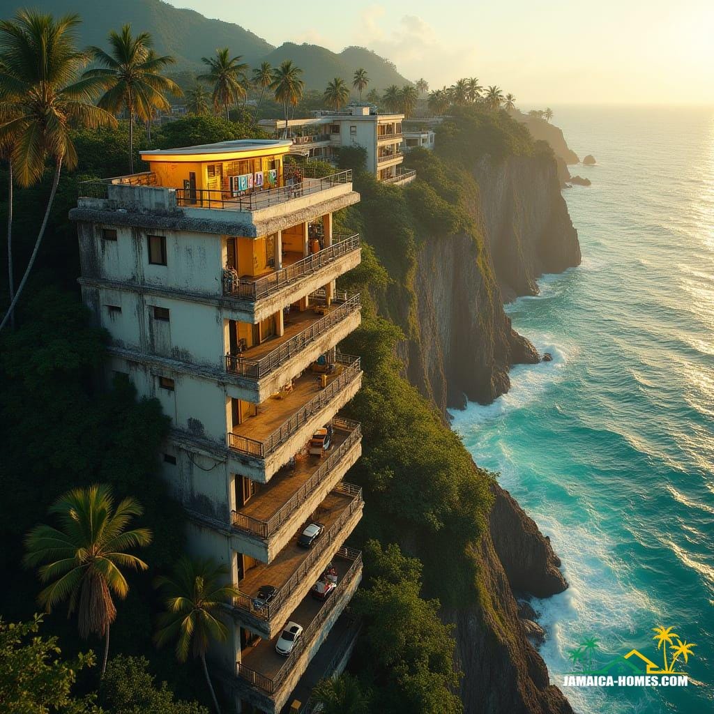 A breathtaking Jamaican cliff edge at golden hour, cascading multi-level apartments carved into limestone, skybridges linking towers, rooftop petrol station glowing softly, coconut trees swaying below, turquoise Caribbean Sea crashing at the base