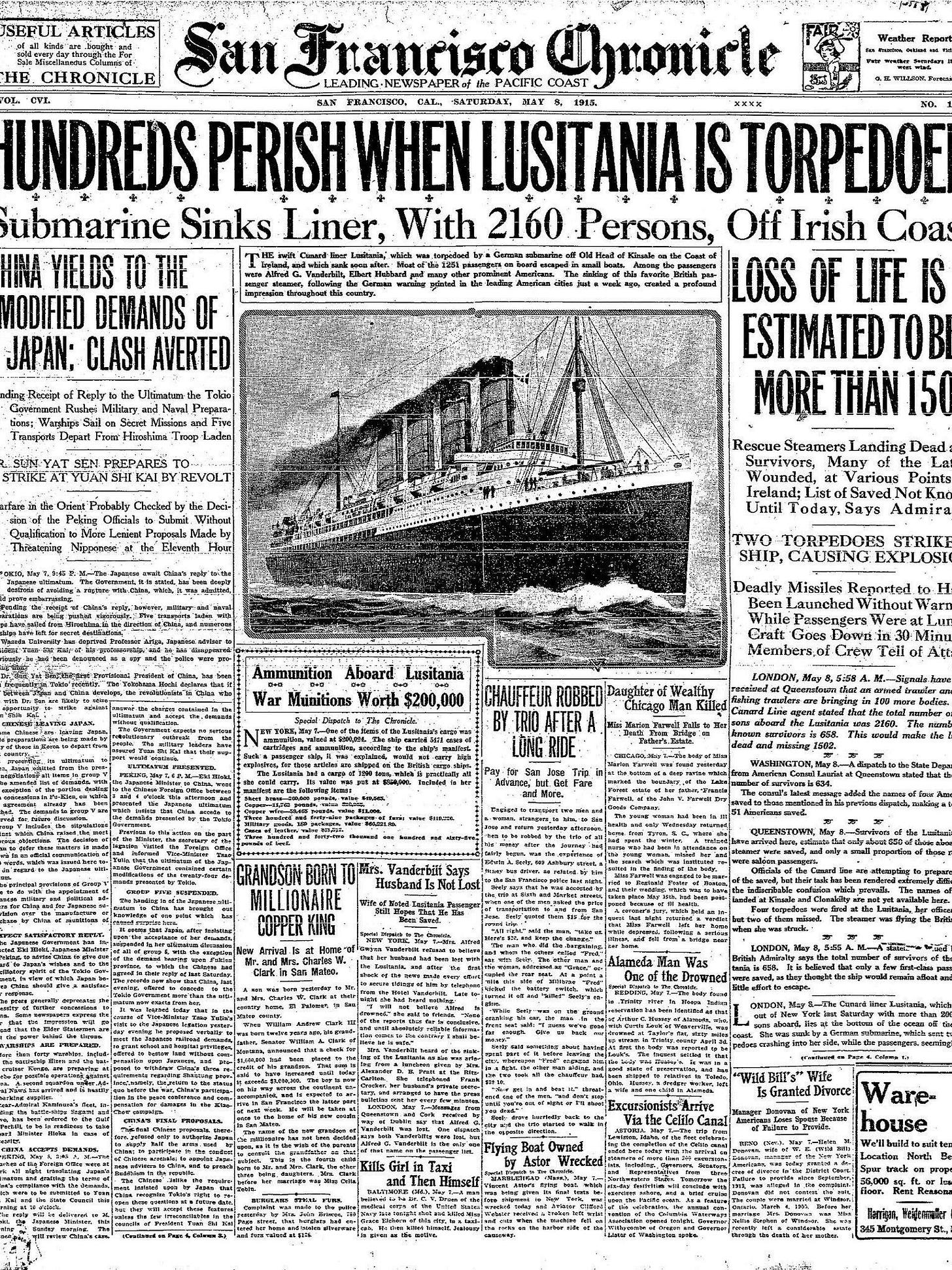 Chronicle Covers: Lusitania's sinking and the path to war
