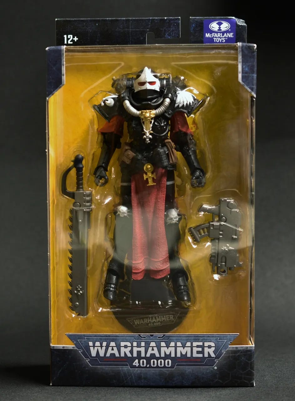 An action figure of a Battle Sister by McFarlane toys, it is rated for children 12 and up