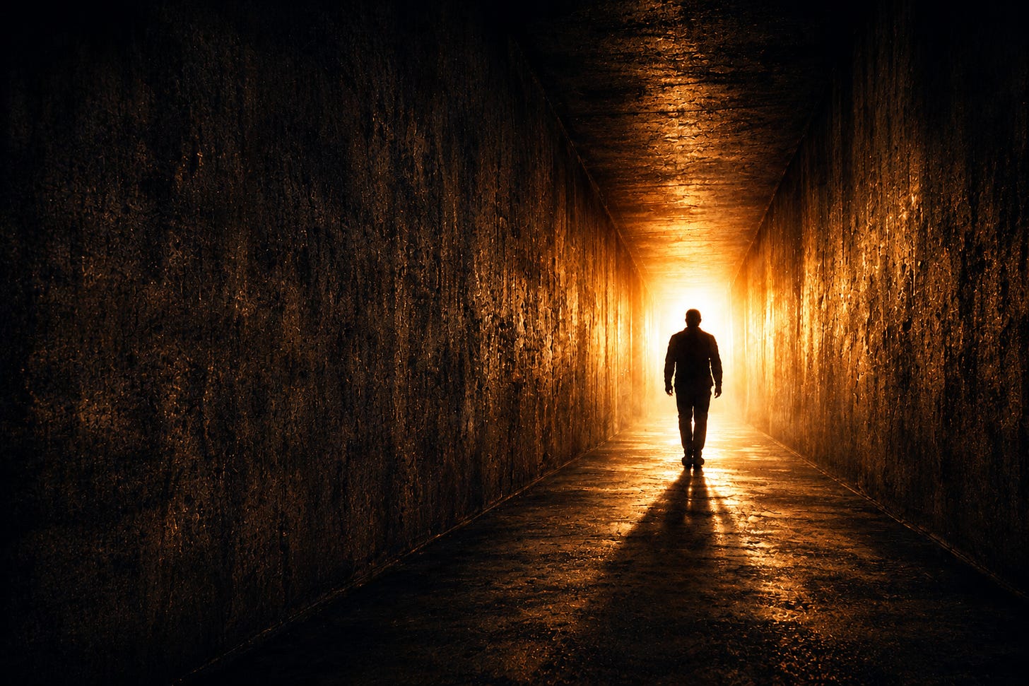 A man walking down a dark hallway towards the light. A man walking down a dark hallway towards the light.