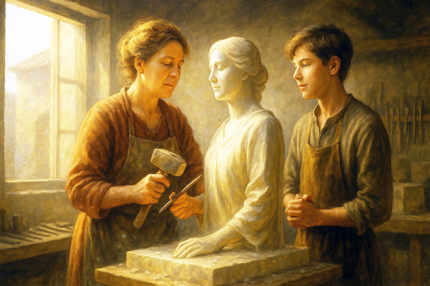 In a sunlit stone workshop, a serene sculptor chisels a marble statue while a teenage boy watches in quiet awe. Golden afternoon light filters through the window, illuminating dust in the air and reflecting the reverence and harmony of creation.