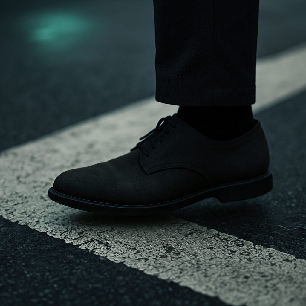 Foot poised above a worn crosswalk stripe under a glowing walk signal; motion paused mid-step. Foot poised above a worn crosswalk stripe under a glowing walk signal; motion paused mid-step.