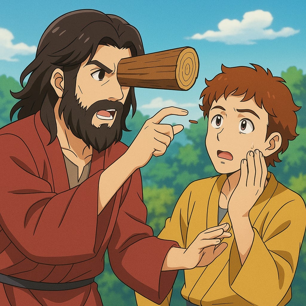 A man angerly removing a speck from someone else while ignoring the log in his own eye