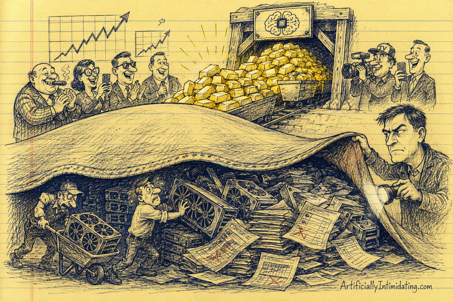 AI-generated editorial cartoon showing a booming AI gold mine producing piles of gold bars while workers secretly hide obsolete GPUs, unpaid bills, and depreciation paperwork under a massive bulging rug. Investors, executives, and reporters celebrate the apparent profits as Michael Burry lifts a corner of the rug to reveal the hidden costs beneath.