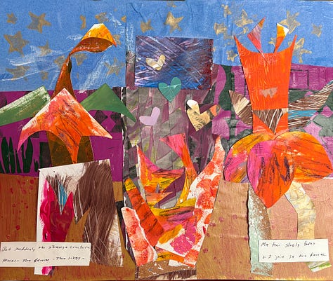 3 brightly colored collages featuring abstract creatures with small written messages and one with nature and candles.