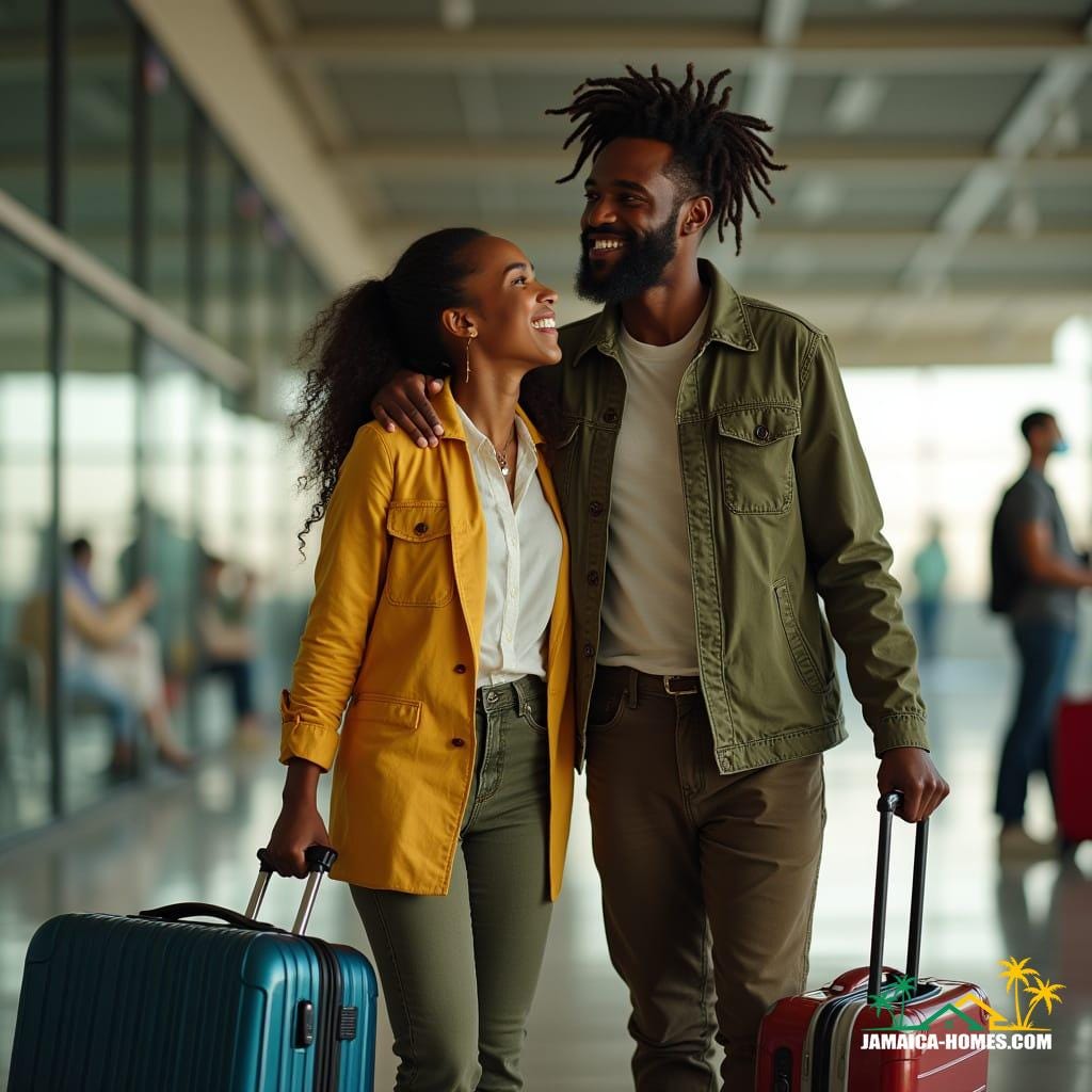 Couple arriving in Jamaica, capturing the joy and emotion of coming home.