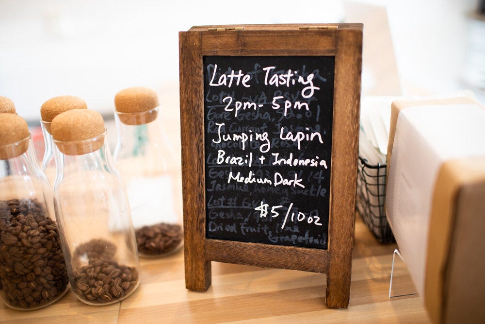 Latte tasting at Belux Coffee Roasters with their Jumping Lapin espresso blend.