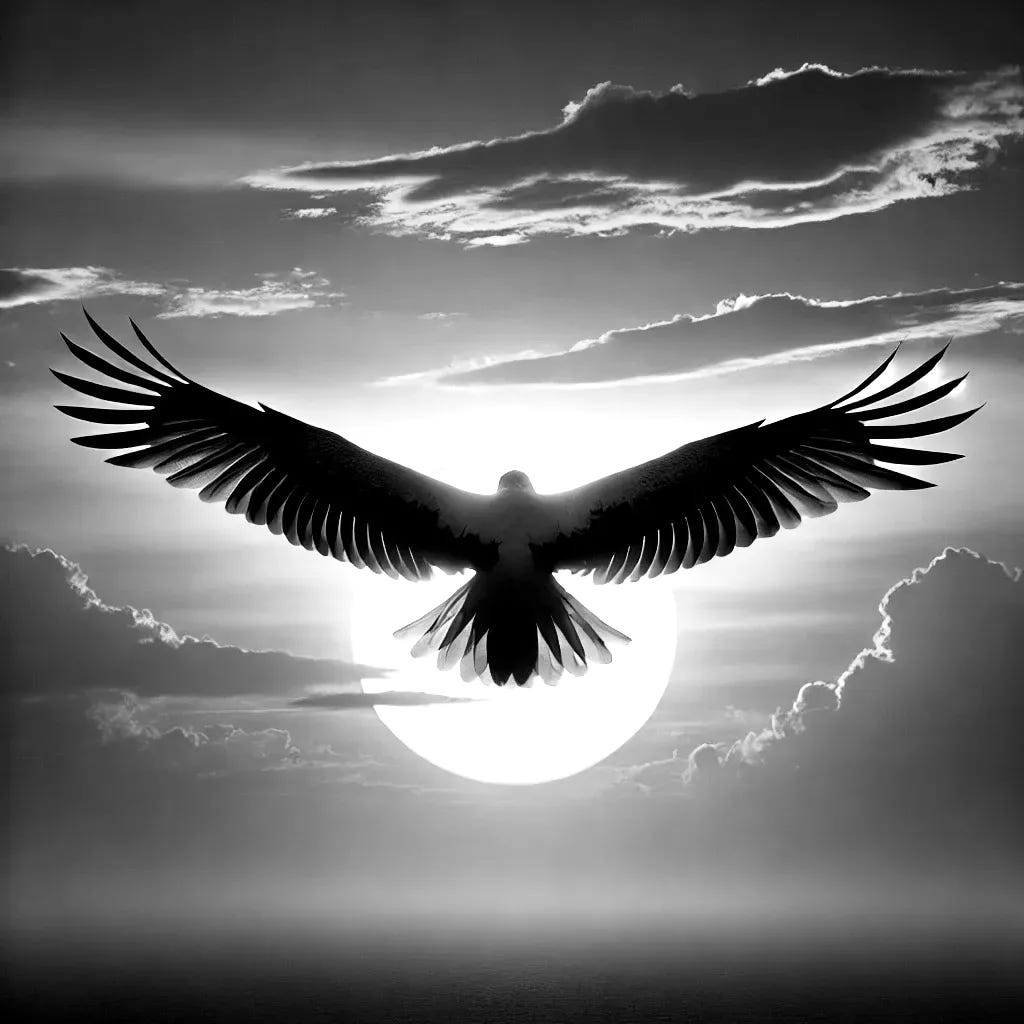 A majestic bird flying away into the sunset, its wings stretched as it glides toward the horizon. The warm golden hues of the sun cast a radiant glow over the sky, blending with shades of orange, pink, and purple. The bird is seen from behind, gradually fading into the distance, creating a serene and mesmerizing scene.