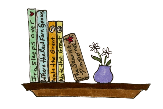 Illustration of a small brown shelf holding books mentioned in the article and a purple vase with little white flowers in it Illustration of a small brown shelf holding books mentioned in the article and a purple vase with little white flowers in it