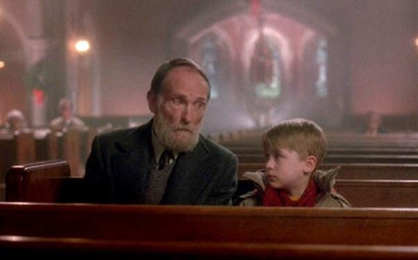 I 'm watching Home Alone with my kids like every year. We got to the scene  in the church where the creepy old shovel guy comes over and talks to  Kevin. He
