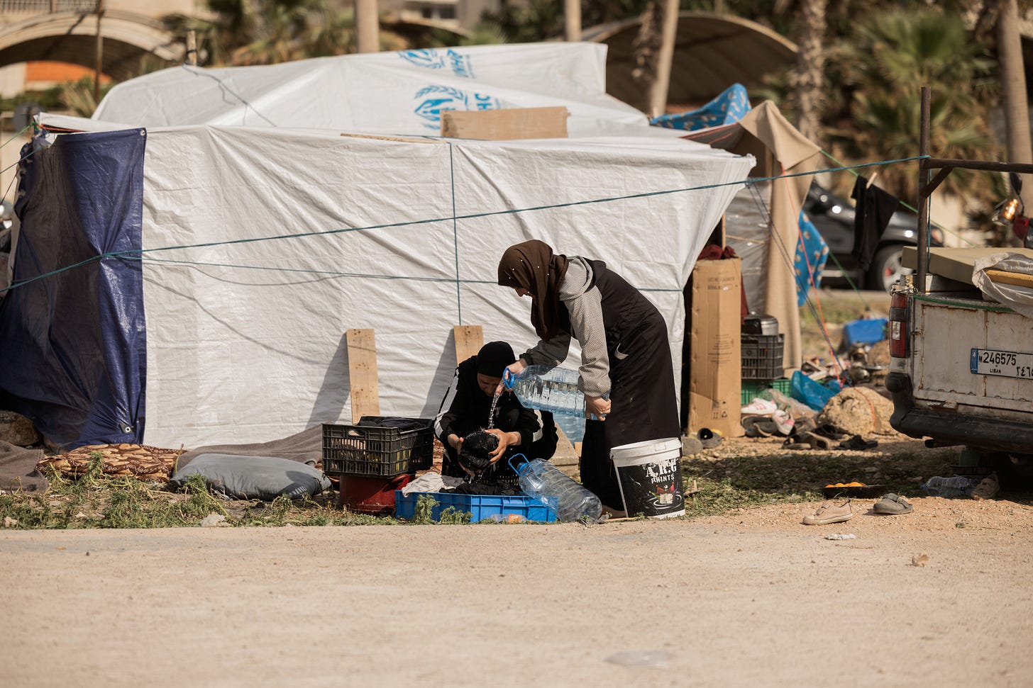 Forcibly displaced families set up small tents along the Beirut Corniche on March 12, 2026, as Israel ramps up its attacks on the country. Photo by Toufic Rmeiti/Middle East Images/AFP via Getty Images