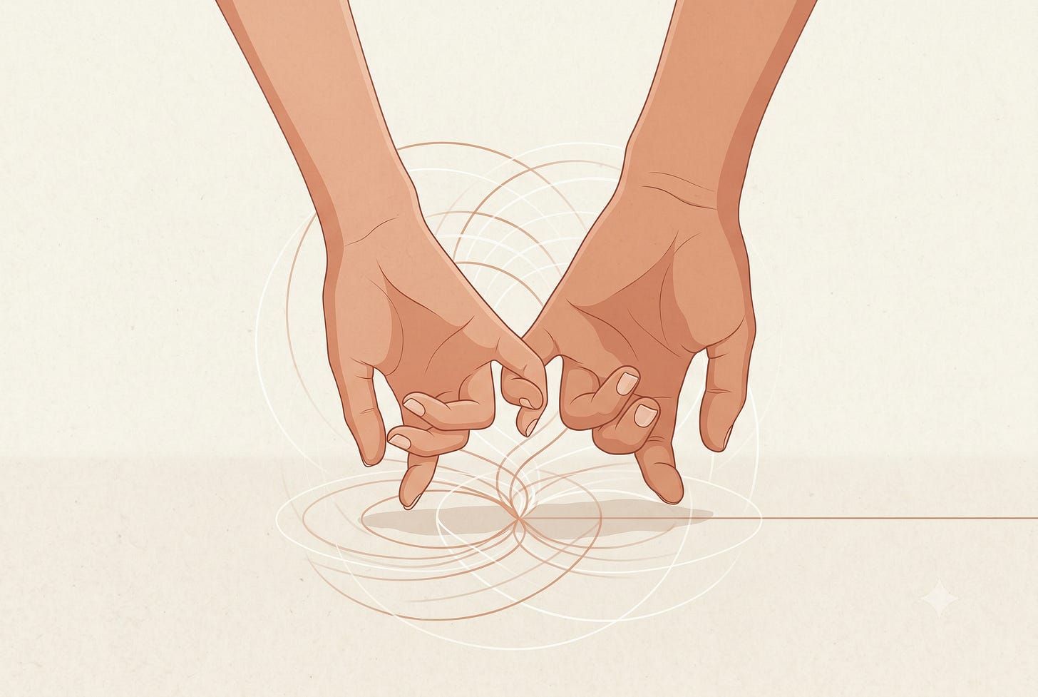 Two hands interlocked by pinky fingers against a warm off-white background. Faint intertwined circular lines emanate from the linked pinkies, suggesting an energetic connection. Minimalist, clean composition. Two hands interlocked by pinky fingers against a warm off-white background. Faint intertwined circular lines emanate from the linked pinkies, suggesting an energetic connection. Minimalist, clean composition.
