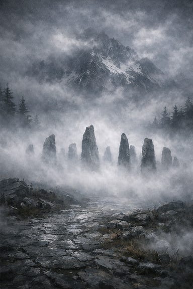 Megalith circle beneath Mount Ghakis, fog rising like a living veil, jagged stone pillars piercing white mist, thinning trees and dead wind, ancient Barovian atmosphere