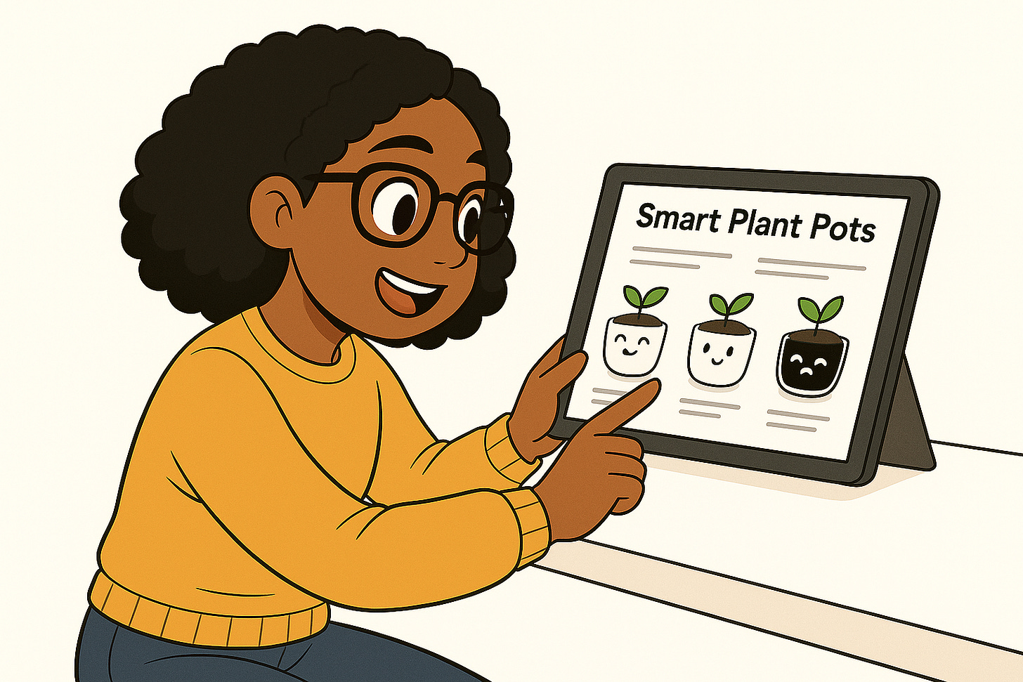 Illustration of Patricia smiling at a tablet displaying “Smart Plant Pots” with three plant icons showing different facial expressions.