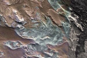 Figure 1: A Relict Glacier near Mars’ Equator. (NASA MRO HiRISE and CRISM false color composite. Lee et al. 2023).