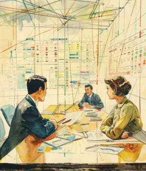 vintage watercolor illustration of corporate compliance analysts reviewing sentiment charts and connected media headlines on a wall vintage watercolor illustration of corporate compliance analysts reviewing sentiment charts and connected media headlines on a wall