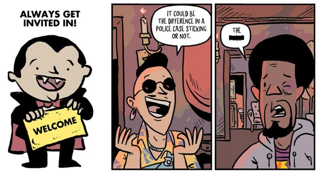 Panels from "Old Head" of men giving bad, date-rapey advice.