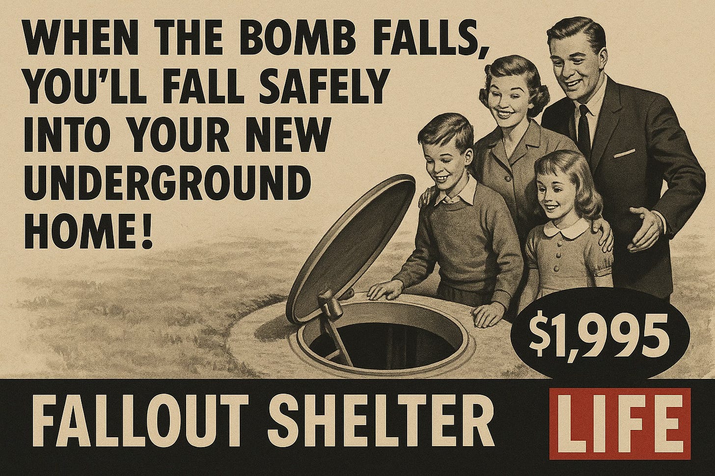 Family of four gather around a fallou shelter in old Life magazine ad.