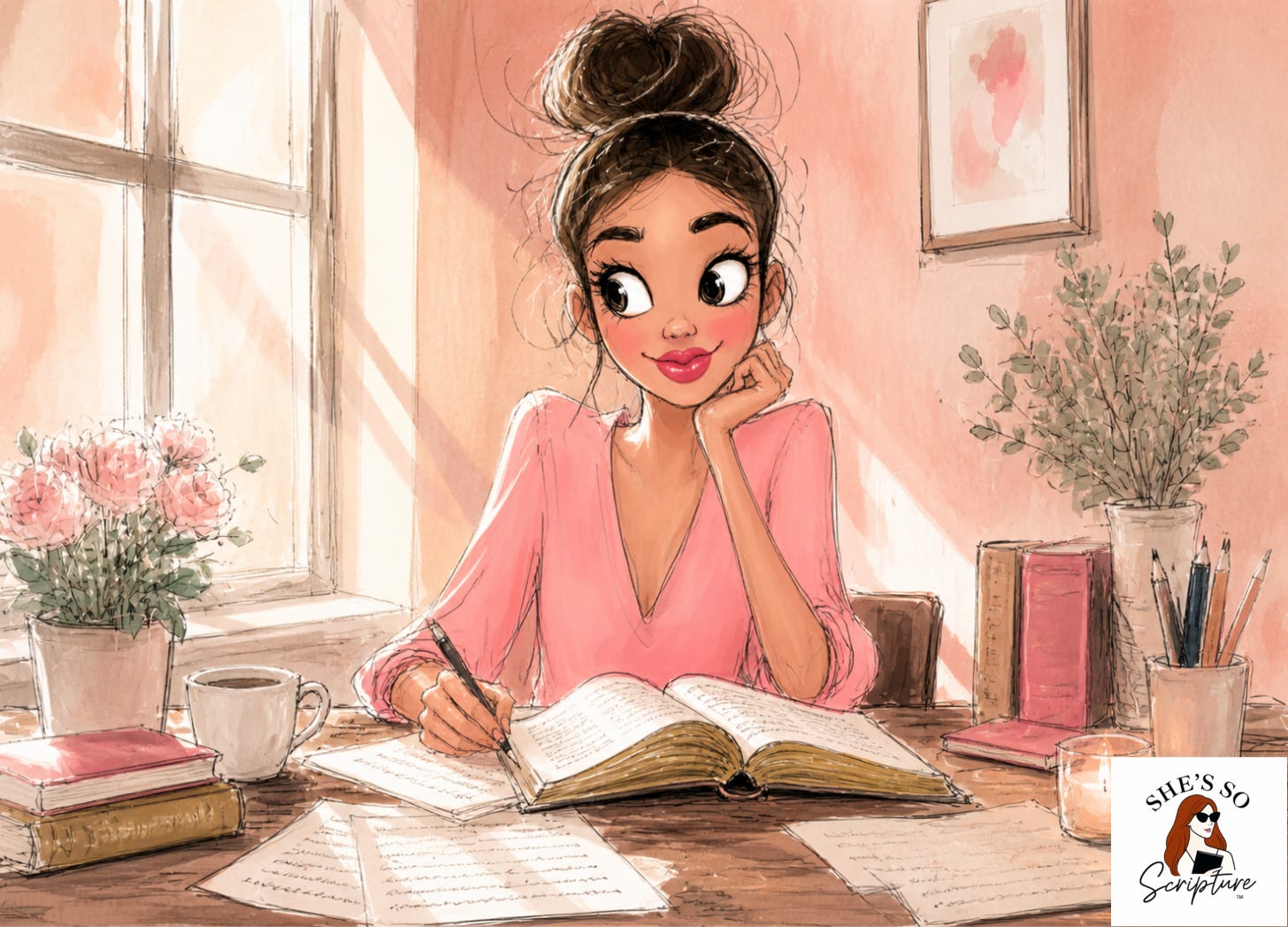 Illustrated woman studying her Bible at a desk surrounded by Hebrew notes, in a whimsical fashion illustration style with blush pink and cream watercolor tones.