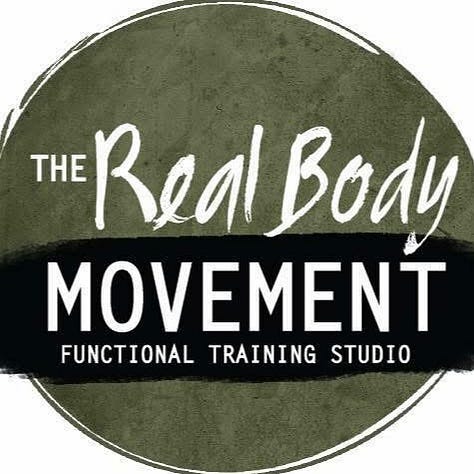 five photos: 1. an advertisement for International Pilates Day text over a group of people on mats doing exercises. 2. OzHarvest proud supporter logo, yellow and black on white background. 3. Perseverance Street Theatre company, orange text on black background. 4. International Pilates Day and the date, white letters on olive green background. 5. The Real Body Movement, white text on an olive green circle with a black slash across it.