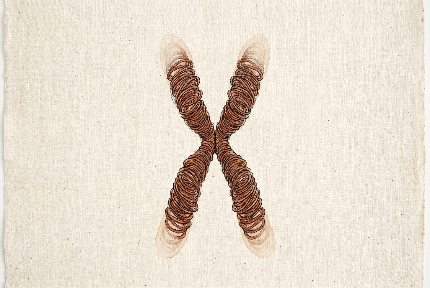 A warm, earthy-toned scientific illustration of a single human chromosome in its classic X-shape against a soft cream background. The chromosome is composed of tightly coiled DNA rendered in deep ochre and terracotta. At each of the four tips, the telomere caps are visible as distinct protective buffers, like the plastic tips on shoelaces. Elegant and literary rather than clinical. A warm, earthy-toned scientific illustration of a single human chromosome in its classic X-shape against a soft cream background. The chromosome is composed of tightly coiled DNA rendered in deep ochre and terracotta. At each of the four tips, the telomere caps are visible as distinct protective buffers, like the plastic tips on shoelaces. Elegant and literary rather than clinical.