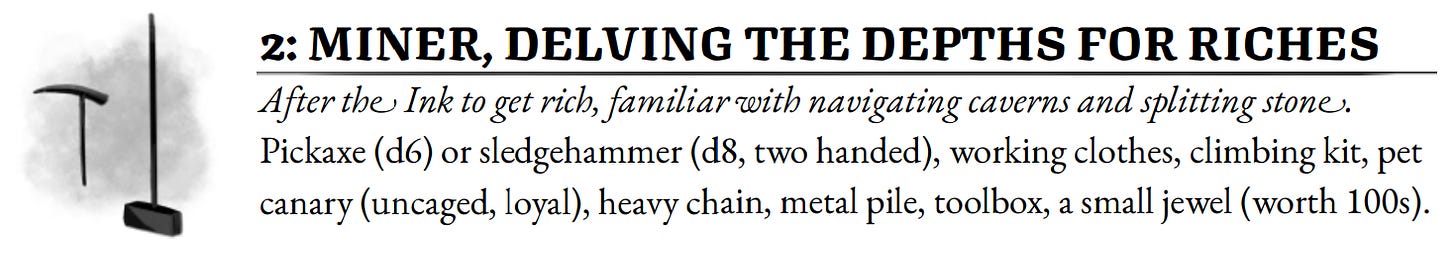 A ttrpg character background for the adventure Inkvein, an Ink miner.