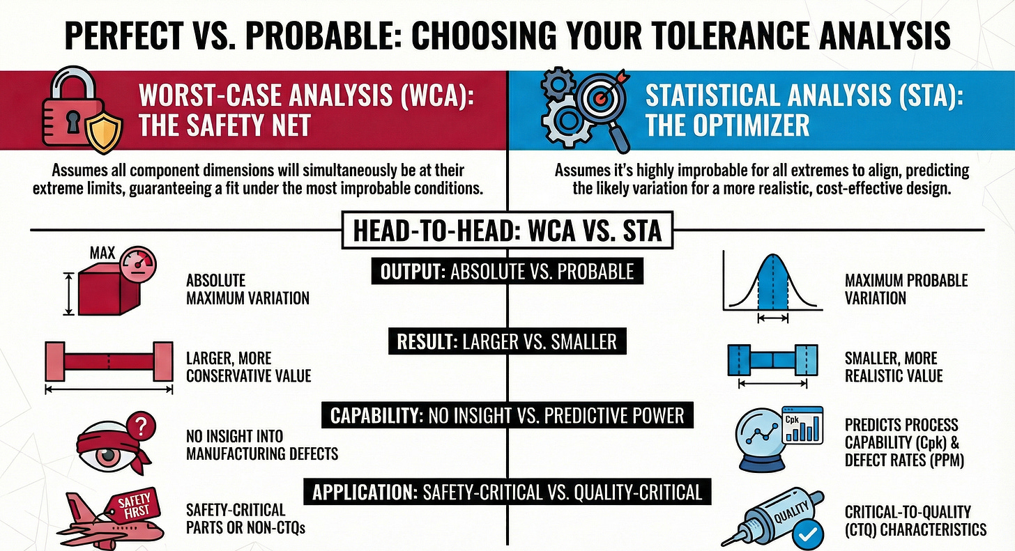 Two approached to Tolerance analysis, worse case method vs statistical tolerance analysis