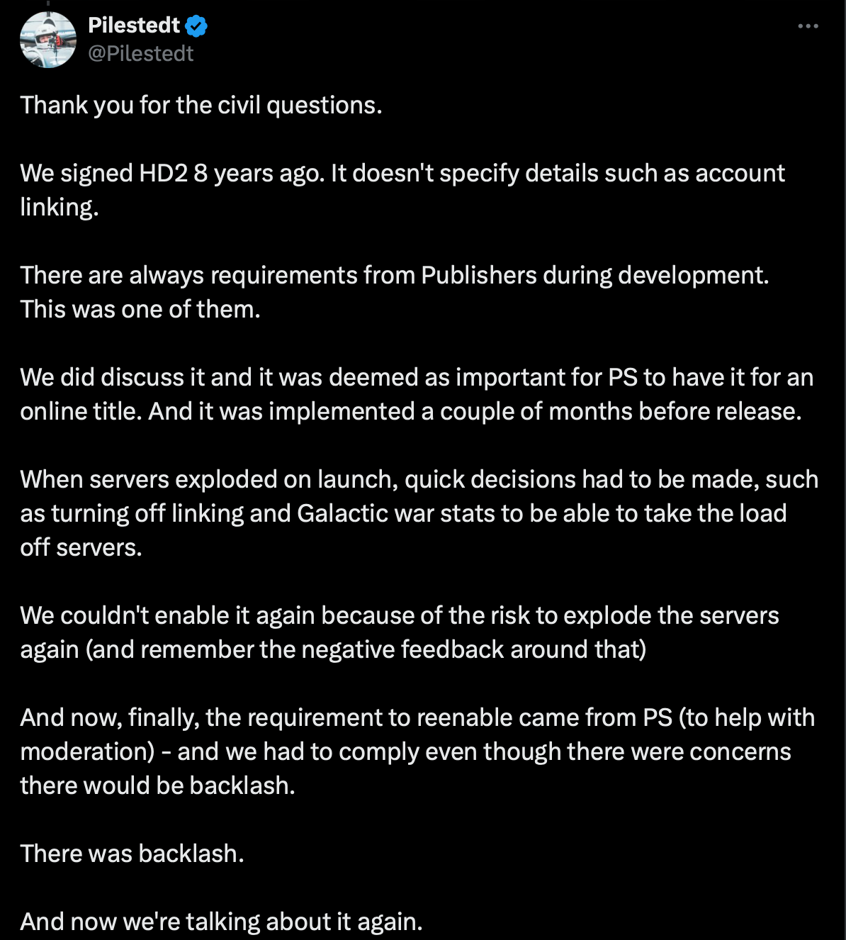 Arrowhead's CEO tweet about the Sony's Helldivers 2 fiasco