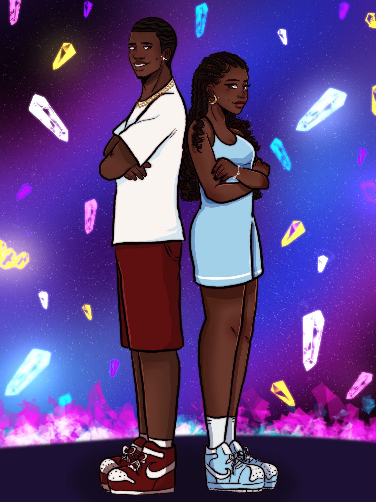 Two teens standing back-to-back with their arms crossed and looking over their shoulders while smiling.