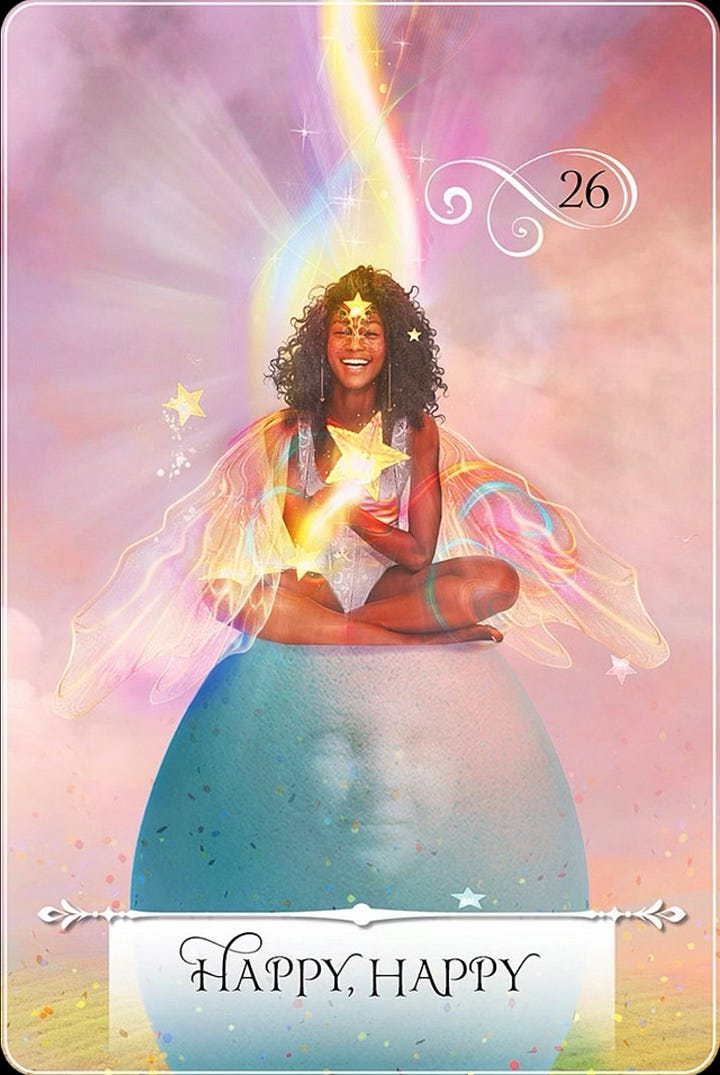 The 8 of Pentacles tarot card and the Happy, Happy oracle card.