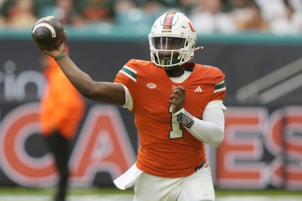 Miami quarterback Cam Ward (1) throws during the first half of an NCAA college football game against Ball State, Saturday, Sept. 14, 2024, in Miami Gardens, Fla. (AP Photo/Lynne Sladky)