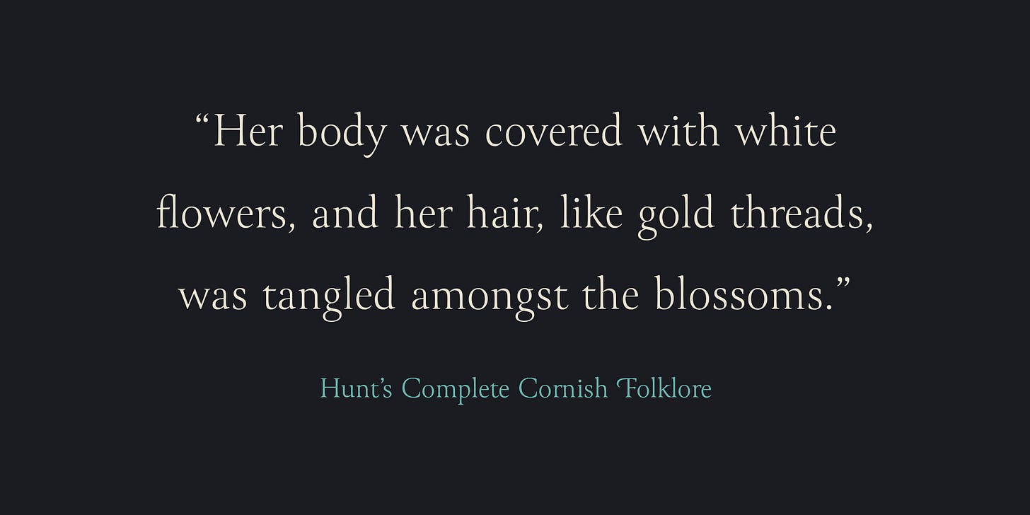 Her body was covered with white flowers and her hair like gold threads was tangled amongst the blossoms. An extract from Hunt's Complete Cornish Folklore. Her body was covered with white flowers and her hair like gold threads was tangled amongst the blossoms. An extract from Hunt's Complete Cornish Folklore.
