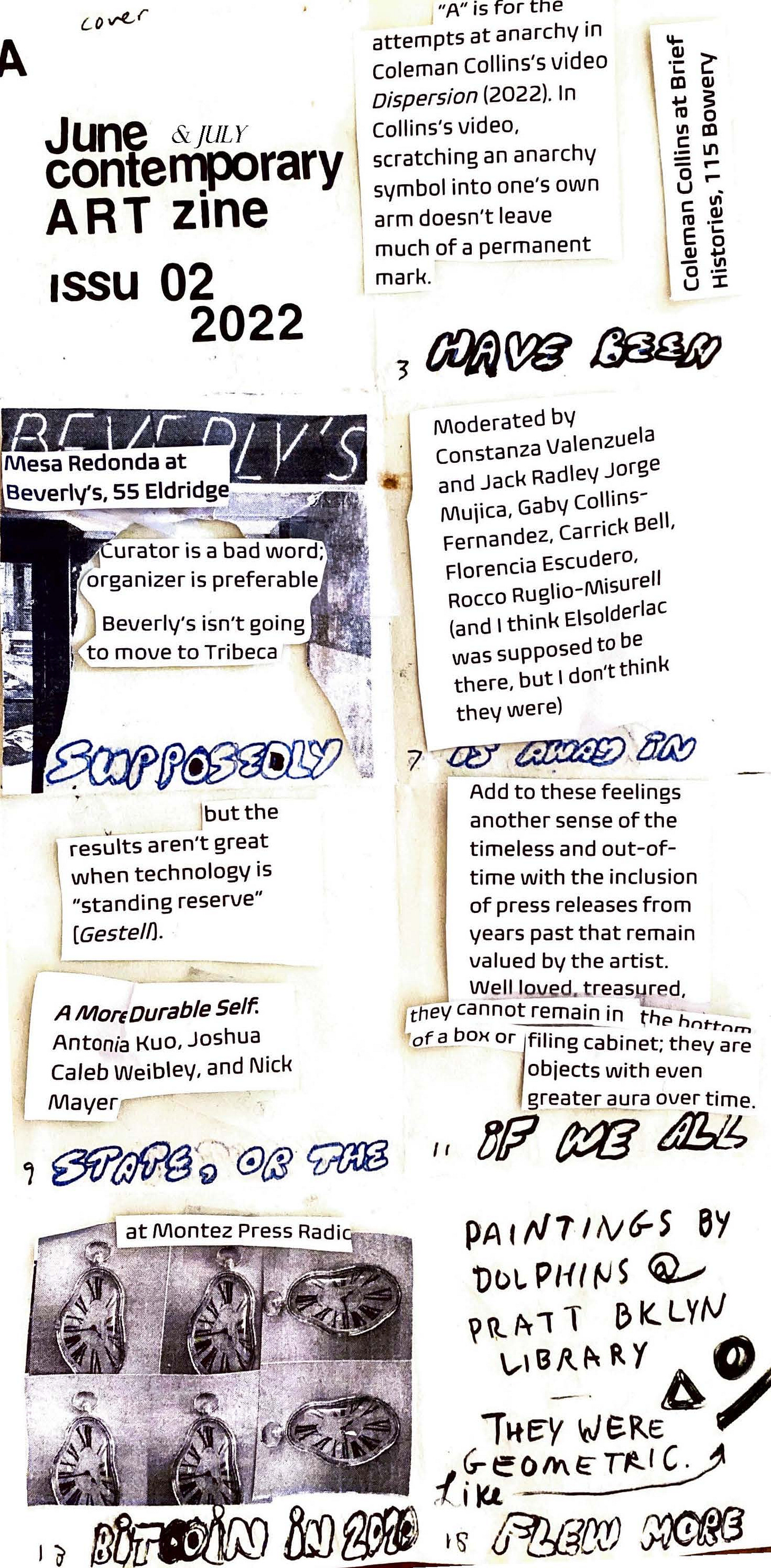 Page one of a PDF of "A June & July Contemporary Art Zine." A lot of text showing reviews of art exhibitions.