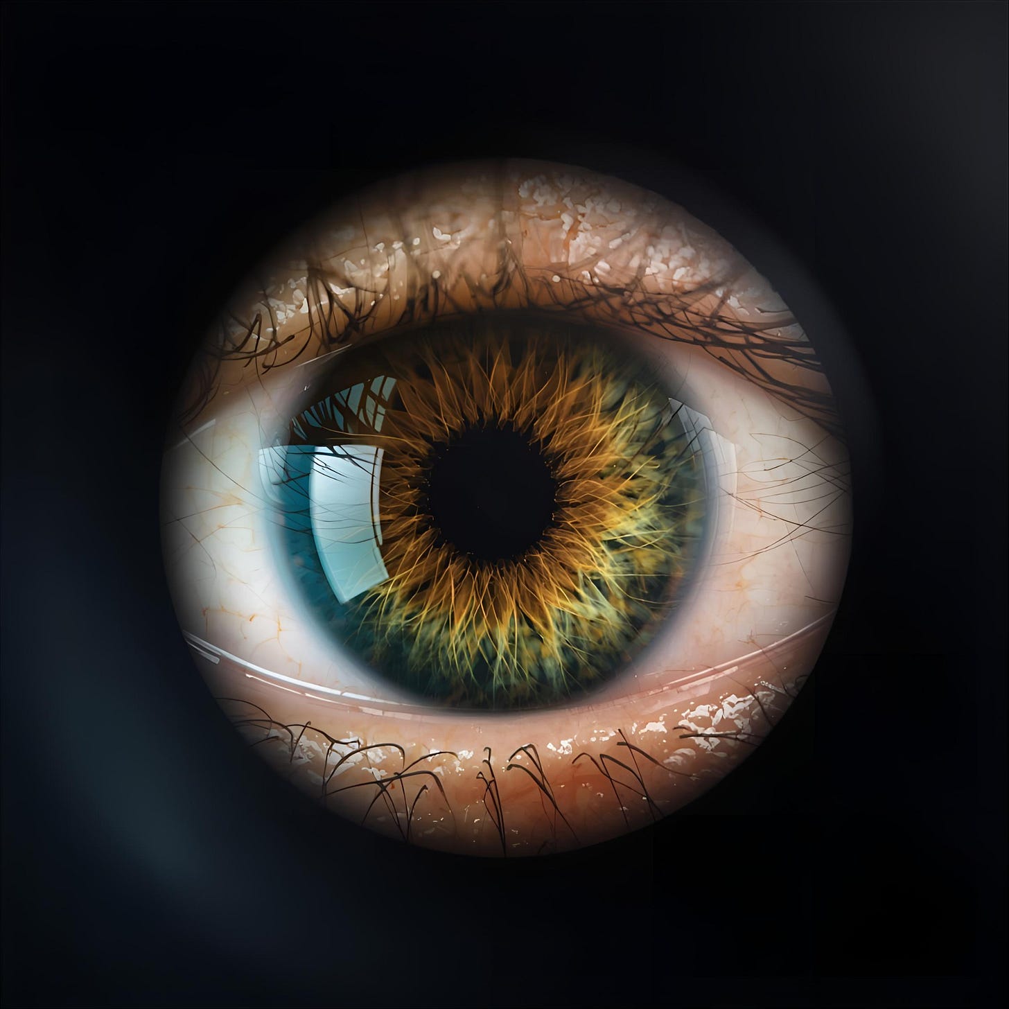 A green eye, flecked with gold, staring through a lens
