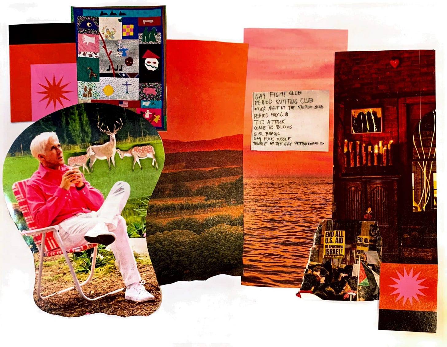A collage featuring quilts, rural landscapes at sunset, Ryan Gosling's Ken at a campsite, and pro-Palestine protestors