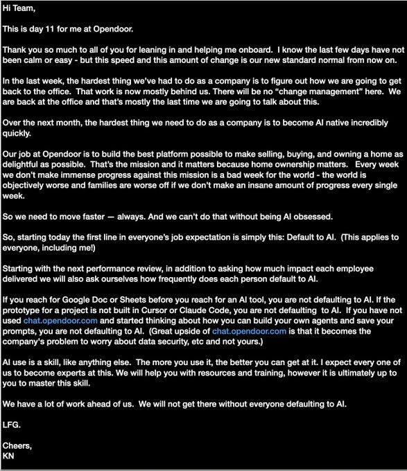 A document with text from Kaz Nejatian addressed to the Opendoor team. The text includes headings like "Hi Team," "Thank you so much," and "Over the next month." No additional objects or characters are visible.