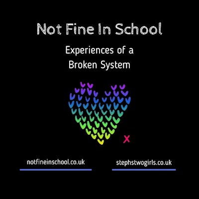 black background with white text not fine in school and multicoloured heart logo
