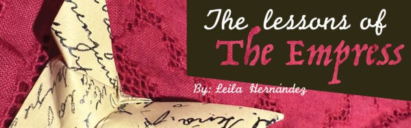 An exhibition graphic reading "The Lessons of the Empress" by Leila Hernández.