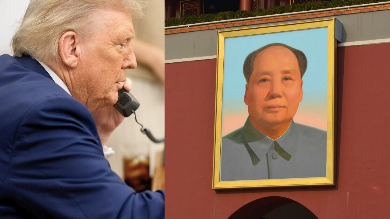 U.S. President Donald Trump on the phone with China's Mao Zedong across from him