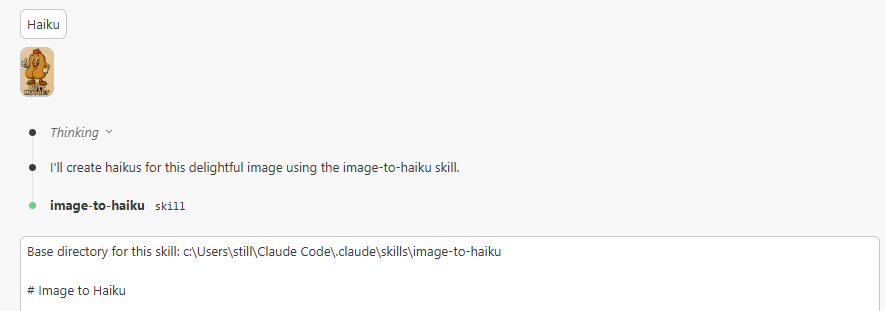 Claude Code interface showing the image-to-haiku skill running on an uploaded cartoon nugget image, with skill status and base directory displayed for skills and MCP workflows