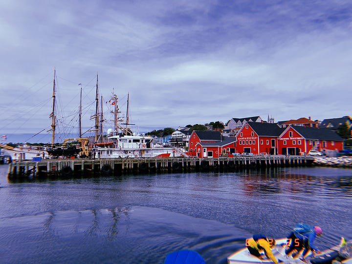 1) From a doc with blue Adirondack chairs, on an ocean inlet, a view of a rocky & grassy cliff where a blue house perches. 2) A large bush of golden yellow flowers on LM Montgomery’s childhood property. 3) A view of the pond, surrounded by greenery, at the Public Gardens in Halifax. 4) A view of the docks at Lunenburg, featuring many boats (including the Bluenose II).