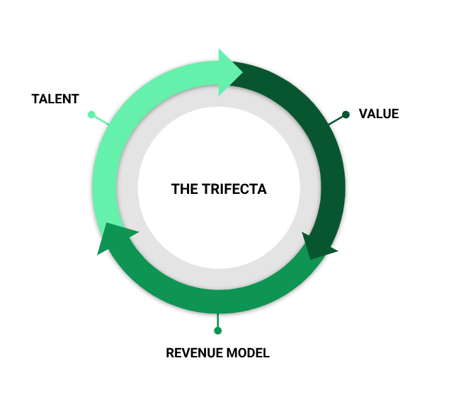 An image of a flywheel. At the centre are the words "A Perfect Storm". The three components of the flywheel, clockwise, are Value, Revenue Model, Talent.