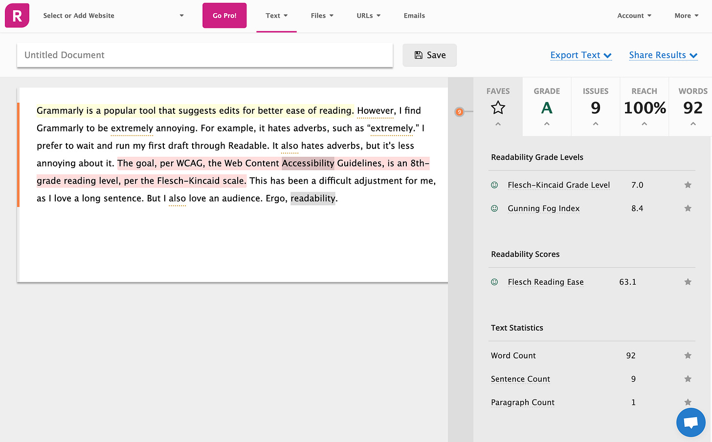 Screenshot of Readable text scoring tool Screenshot of Readable text scoring tool