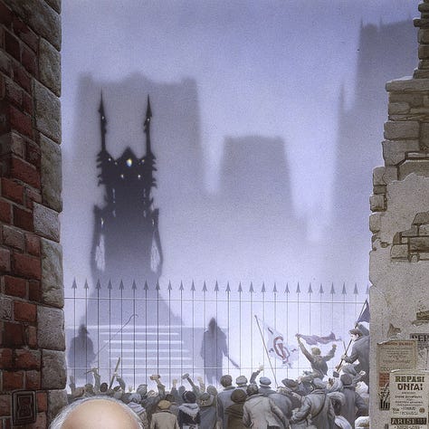LEFT: Background figure detail from ELISTE, immediate left foreground, featuring a balding old man with a fringe of white hair clutching a large chrome-covered device, a sci-fi element that contrasts the urban squalor. CENTER: Background detail from ELISTE featuring the menacing silhouette of the sentient execution device. The shape of it suggests a human figure in robes with malevolent sentience with white dots for eyes coupled with the peak and fringe of a headdress evoking the shape of a head while buttresses at each side could be arms. A crowd swept up with bloodlust gathers to watch, held back by an iron fence. RIGHT: Figure detail from ELISTE featuring a pretty young woman with disheveled white hair and tattered skirts emerging through a butterfly gate that is falling off its hinges.