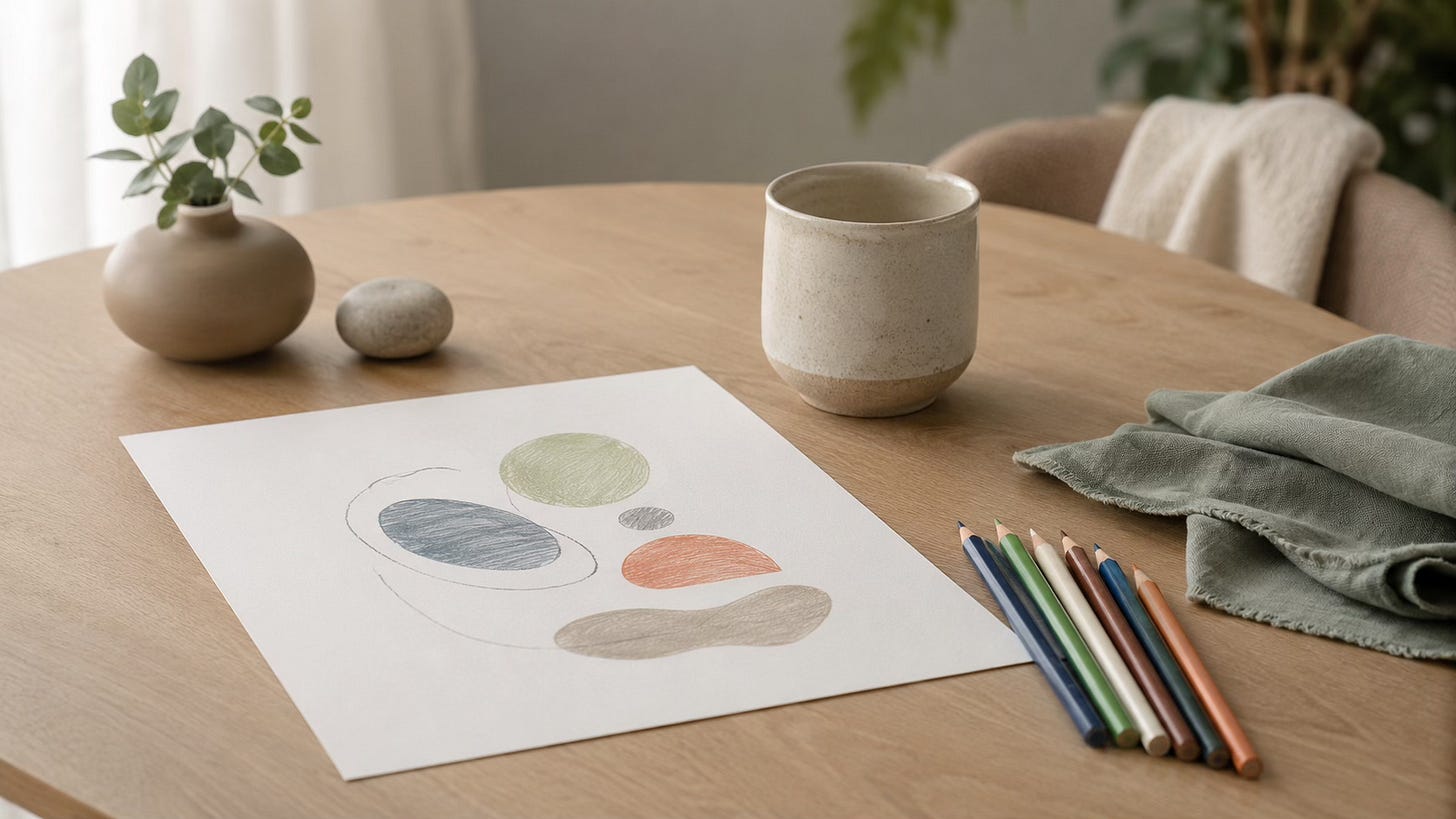 Simple shapes and coloured pencils on a calm table, representing Picture Tapping Technique and creative emotional processing.