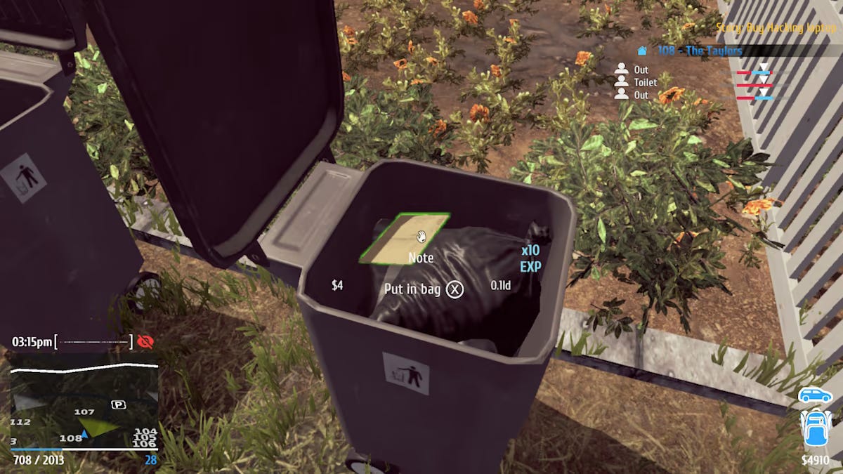 Screenshot from a video game depicting a trash can
