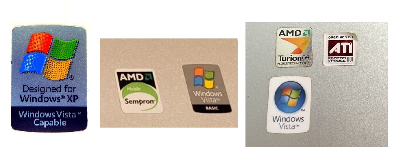 Three stickers found on PCs. The first is Designed for Windows XP/Windows Vista Capable. The second is Windows Vista Basic. The third is Designed for Windows Vista. Three stickers found on PCs. The first is Designed for Windows XP/Windows Vista Capable. The second is Windows Vista Basic. The third is Designed for Windows Vista.